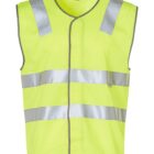 A bright yellow safety vest with reflective silver stripes on the shoulders and around the midsection. The vest has a sleeveless design and is displayed on a plain background.