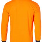 An orange long-sleeve polo shirt with black collar and cuffs, featuring yellow trim on the edges. The shirt is displayed from the back.