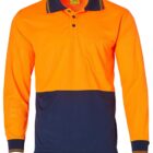 A long-sleeved, two-tone polo shirt with a bright orange top half and dark blue bottom half. It features a collar with black and orange stripes, a chest pocket, and black buttons.