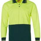 A long-sleeved, two-tone shirt with a high-visibility neon yellow top and dark green bottom. The shirt has a buttoned collar and a small pocket on the left chest, with black cuffs and collar trim.