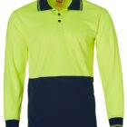 A long-sleeve high-visibility safety shirt with a bright yellow top half and a dark bottom half. It features a collar with button-up placket and a chest pocket.