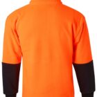 A bright orange fleece jacket with black sleeves is shown from the back. It features a high collar and contrasting black fabric on the lower arms, creating a bold, sporty look.