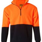 A fleece pullover with a bright orange top half and a black bottom half, featuring a zip-up collar and long sleeves.