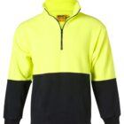 A high-visibility pullover with a bright yellow upper section and black lower section. It features a half-zip closure, a stand-up collar, and long sleeves. The front has a large pouch pocket for convenience.