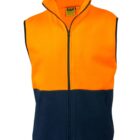 A sleeveless fleece vest with a high collar and a front zipper. The top half is bright orange, and the bottom half is dark blue.