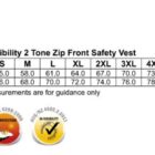 Image showing a sizing chart for a SW08 High Visibility 2 Tone Zip Front Safety Vest. Sizes range from S to 7XL, with half chest and body length measurements. Icons below indicate cotton fabric, UV protection, and high visibility standards.