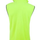 A bright yellow sleeveless fleece vest is displayed from the back. It features a high collar and dark trim along the armholes and hem.