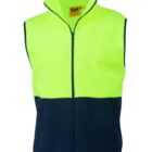 A sleeveless high-visibility vest with a bright yellow top half and a dark blue bottom half. It features a full zipper front and two side pockets.