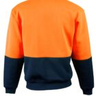 Bright orange and navy color-blocked sweatshirt with a crew neckline and long sleeves, shown from the back. The top half is orange, and the bottom half is navy, with contrasting cuffs and waist.