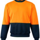 A long-sleeved crew neck sweatshirt with a bold, two-tone design. The upper portion is bright orange, while the lower part and cuffs are dark blue. The sweatshirt features a ribbed neckline and hem.