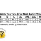 Size chart for SW09 High Visibility Two Tone Crew Neck Safety Windcheater in sizes S to 7XL. Measurements for chest and body length are given in centimeters. Includes UV protection icons and disclaimer about measurements as guidance only.