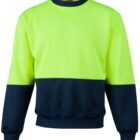 A high-visibility sweatshirt with a neon yellow upper half and dark blue lower half. The sleeves and bottom band are also dark blue, providing contrast. The material appears thick and suitable for outdoor work or safety wear.