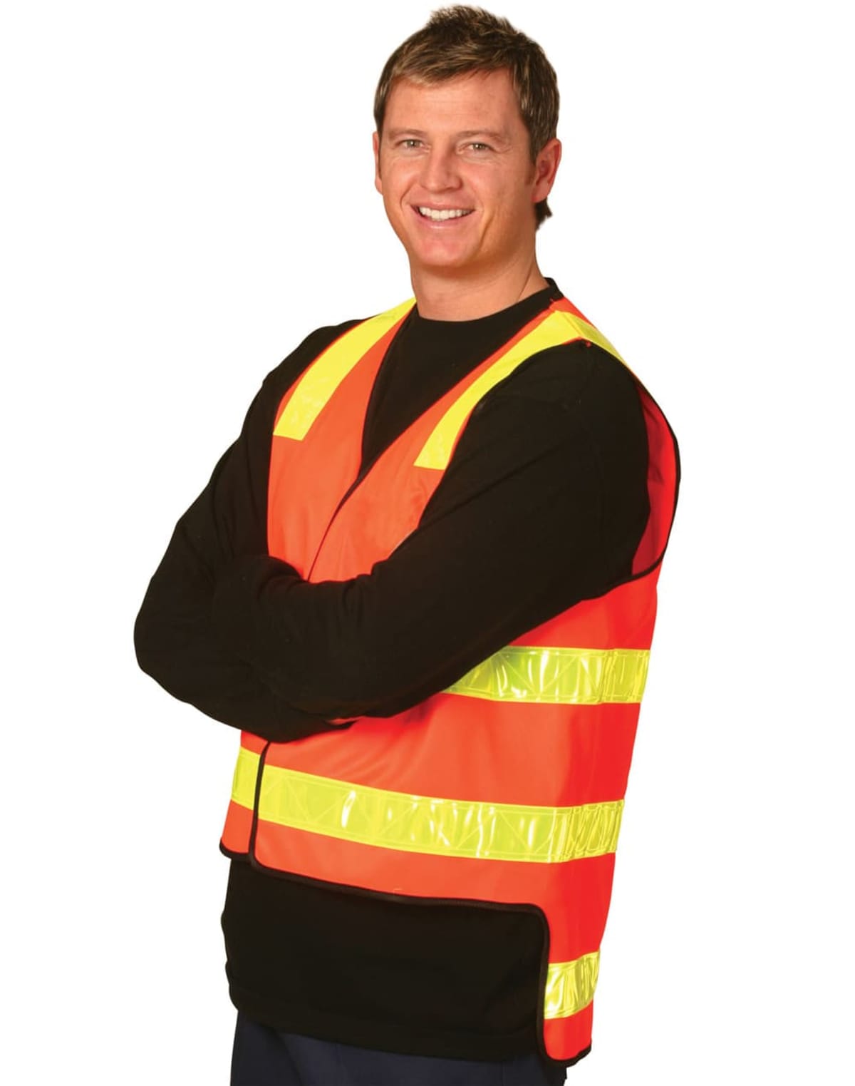 A person wearing a bright orange safety vest with yellow reflective stripes, crossing their arms and smiling against a white background.