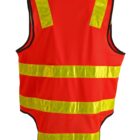 An orange reflective safety vest with yellow reflective stripes, shown from the back. The vest is sleeveless and designed for high visibility.