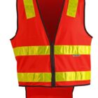 Bright orange safety vest with yellow reflective stripes across the chest and shoulders. It features a front zipper and a black border along the edges. The vest is displayed on a white background.