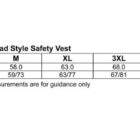 Size chart for SW10A VIC Road Style Safety Vest with UPF 15+. Sizes: M, XL, 3XL, 5XL. Half chest measurements: 58.0 to 73.0 cm. Body length: 59/73 to 71/85 cm. Includes Australian certification logo.