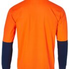 Back view of a long-sleeve shirt with a bright orange body and dark blue sleeves and collar accents. The color-block design emphasizes contrast between the vibrant orange and deep blue, creating a bold, sporty look.