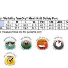 Size chart for SW11 High Visibility TrueDry Mesh Knit Safety Polo from size S to 7XL with chest and body length measurements. Features icons showing TrueDry fabric, moisture-wicking, anti-bacterial, UV protection, quick dry, breathable, easy care.