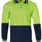 A long-sleeve polo shirt with a fluorescent green upper half, dark blue lower half, and matching dark blue collar and cuffs. It features a chest pocket and three buttons at the collar.