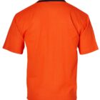 An orange short-sleeved shirt with a black-rimmed collar, viewed from the back.