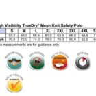 Size chart for the SW12 High Visibility TrueDry Mesh Knit Safety Polo, showing measurements for half chest and body length from size XS to 7XL. Icons below indicate features like TrueDry fabric, moisture wicking, antibacterial, and UV protection.