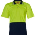 A short-sleeve polo shirt featuring a high-visibility fluorescent yellow-green top section with a buttoned collar and navy blue lower section. Includes a pocket on the left chest.