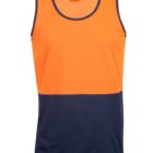 A sleeveless tank top featuring a bright orange upper section and a dark blue lower section, separated by a horizontal seam. The neckline and armholes are outlined in dark blue.
