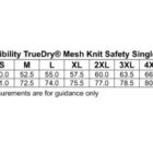 Size chart for a safety singlet. It includes chest measurements from S to 7XL and body length from 50.0 cm to 85.1 cm. Features UPF 15+ protection and is labeled as TrueDry mesh knit. Weight and size are for guidance only.