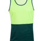 A sleeveless tank top with a bright lime green upper half and a dark green lower half. The top has contrasting dark green trim around the neckline and armholes. A visible tag is stitched inside the back collar.