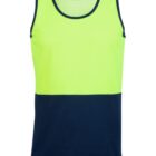 A sleeveless tank top with a color-block design featuring a bright yellow upper half and a navy blue lower half.