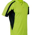 A lime green and black short-sleeved polo shirt featuring a collar and three buttons. The shirt has black panels on the sides and shoulders, giving it a sporty look.