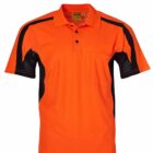 An orange polo shirt with black stripes on the shoulders and sides, featuring a front pocket and three black buttons.