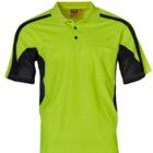 A bright lime green and black short-sleeved polo shirt with a front pocket, buttoned collar, and contrasting dark side panels and shoulder stripes.