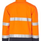A bright orange high-visibility jacket with reflective silver bands and a black hem, shown from the back.