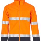 A bright orange high-visibility jacket with reflective silver stripes across the chest, sleeves, and waist. It features a zipper front and black cuffs.
