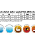 Size chart for SW29 Two Tone Softshell Safety Jacket with 3M Reflective Tapes. Sizes range from S to 7XL, with chest and body length measurements. Icons indicate features: water repellent, windproof, cold proof, tough wearing, and sun protection UPF 50+.