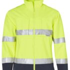 A high-visibility neon yellow jacket with reflective silver stripes across the chest, arms, and waist. The jacket features a full front zipper and black accents at the cuffs and bottom hem.