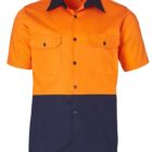 Short-sleeve, button-up work shirt with an orange top and black bottom. It features two chest pockets with black buttons and a collar.