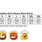 Size chart for SW53 high visibility short sleeve work shirts, available in sizes S to 7XL. Includes measurements for half chest, body length, and collar size. Features cotton fabric, UV protection, and high visibility icons.