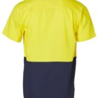 Back view of a short-sleeved shirt with a bright yellow upper half and a dark blue lower half. The shirt has a straight hemline and a simple collar.