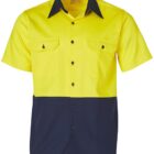 A short-sleeved, two-toned safety shirt with a bright yellow top half and dark blue bottom half. It has a dark blue collar, button front, and two chest pockets with buttons.
