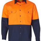 A long-sleeve, two-tone work shirt with an orange top half and navy blue bottom half, featuring two chest pockets with button flaps and a row of buttons down the front.