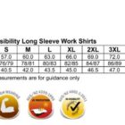 Size chart for SW54 high visibility long sleeve work shirts, available in S to 7XL. Measurements for chest, body length, and collar are provided. Icons indicate cotton fabric, toughness, UV protection, and high visibility features.