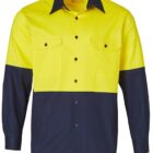 A long-sleeve work shirt with a bright yellow top half and dark blue bottom half, featuring two chest pockets with buttoned flaps and a collar.