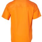 A short-sleeved, bright orange collared shirt displayed from the back. The shirt has a contrasting dark collar and a smooth, wrinkle-free finish.