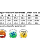 Size chart for SW57 Mens High Visibility Cool-Breeze Cotton Twill Safety Shirts. Sizes range from S to 7XL, with measurements for chest, body length, and collar. Features include cotton fabric, UV protection, airflow vents, and high visibility.