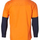 Back view of a long-sleeve button-up shirt. The shirt is predominantly orange with contrasting black sleeves and collar.