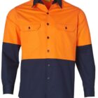 A long-sleeved work shirt with a high-visibility design. The top half is bright orange with black buttons and two buttoned chest pockets. The bottom half is navy blue, extending from mid-torso to the wrists.