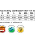 Size chart for SW58 Mens High Visibility Cool-Breeze Cotton Twill Safety Shirts. Sizes range from S to 7XL, with measurements for half chest, body length, and collar. Features include UV protection, airflow vents, and high visibility.