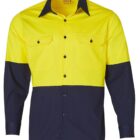 A long-sleeved shirt with a bright yellow top half and a dark bottom half. It features a collar, buttons in the middle, and two chest pockets with button flaps.